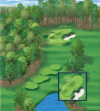 Golf course view; green fairway with sand trap and water, surrounded by trees.