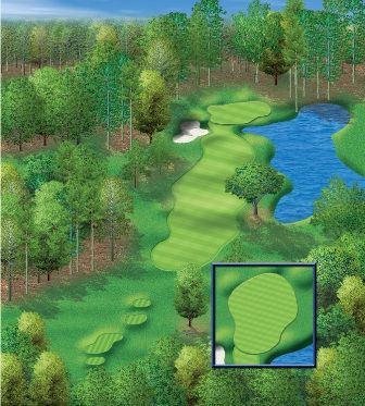 Aerial view of a golf course green with water and trees, inset of the green.