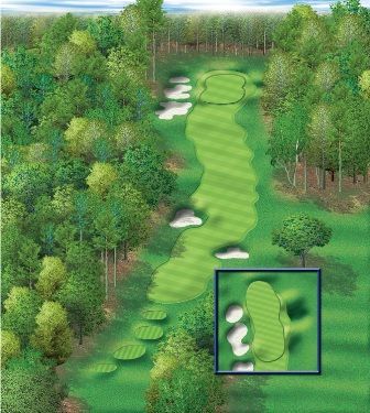 Golf course with fairway winding through trees toward a green; inset shows detail of green and bunkers.