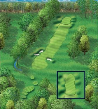 Overhead illustration of a golf hole, surrounded by trees, with a zoomed-in view of the green.