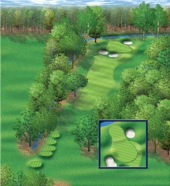 Overhead view of a golf course hole; green with sand traps, fairway, and tees surrounded by trees.