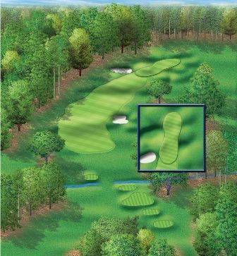 Golf course aerial view with green fairway, water hazards, and trees. Detail inset shows green with sand trap.