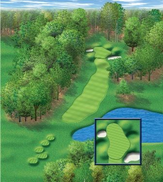 Golf course hole with green fairway surrounded by trees and a pond, inset view of the green.
