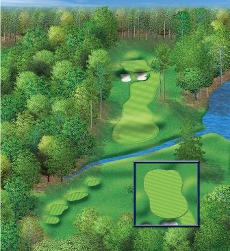 Golf course hole, green with two sand traps, trees, and water.
