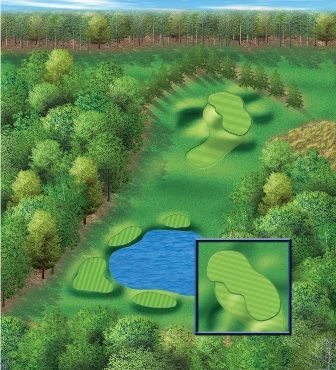 Aerial view of a golf course with a water hazard and two greens. Lush green grass, trees, and a blue pond.