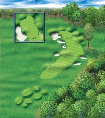 Golf course illustration: green fairway, sand traps, trees, and a zoomed-in view of the green.