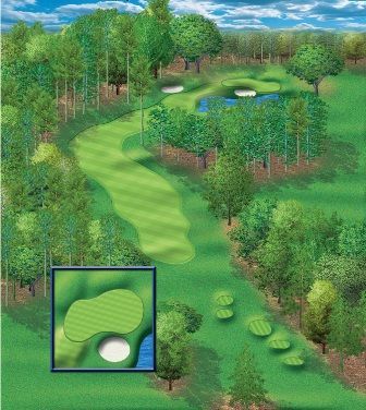 Golf course hole with winding green surrounded by trees and water.