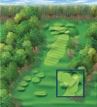 Golf course hole illustration with green fairway, rough, and trees.