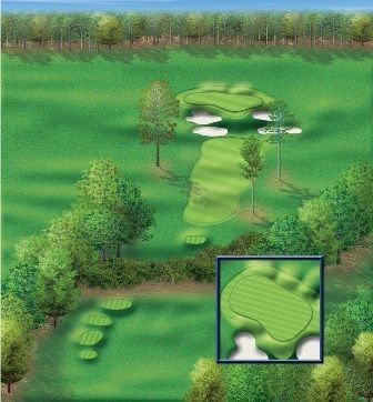 Golf course with green, sand traps, and trees. Green fairway leads to putting green.