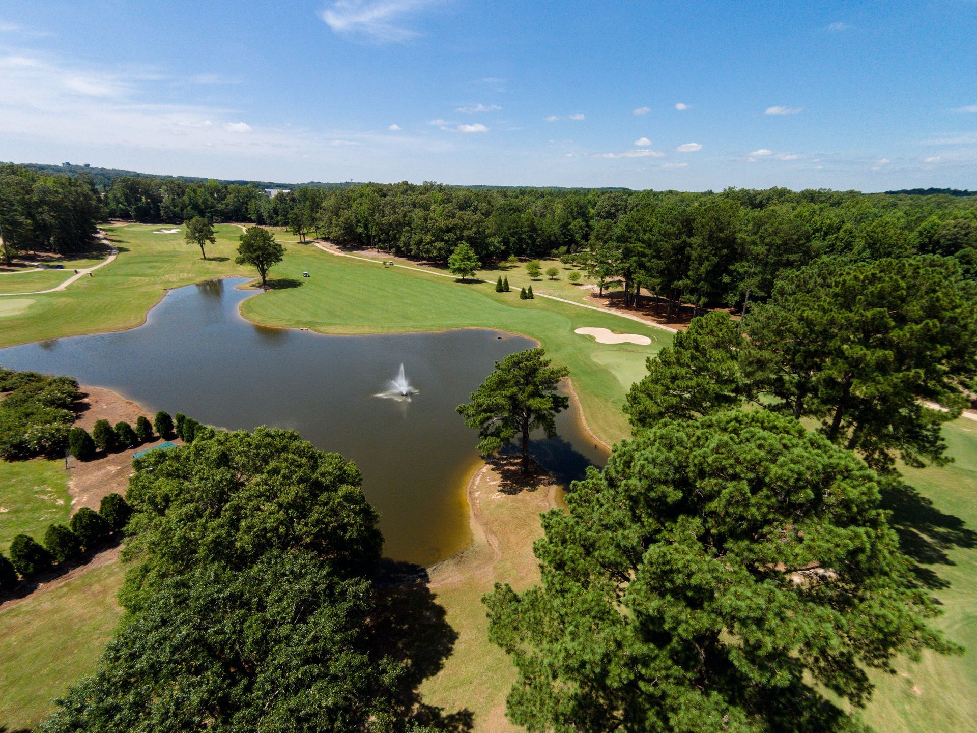 Aerial view of a golf course with a pond and trees, sunny day.