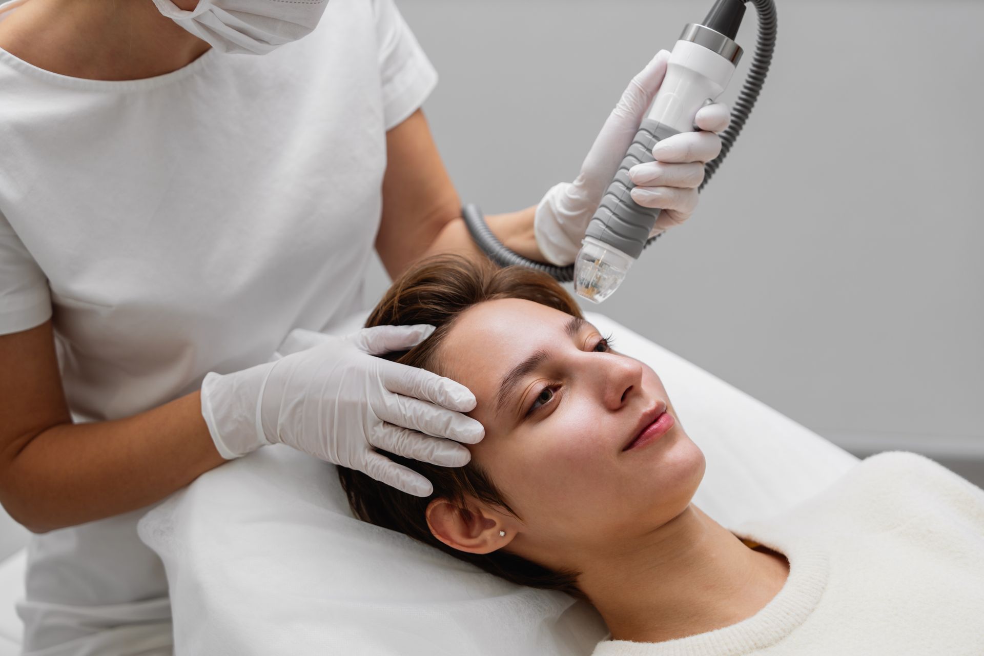 A woman is getting a microneedling treatment on her face.