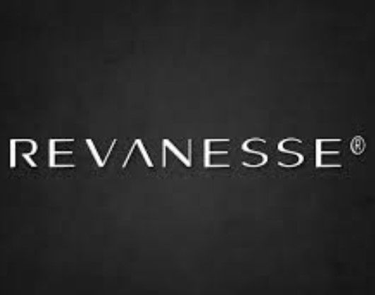 A black and white logo for revanesse on a black background