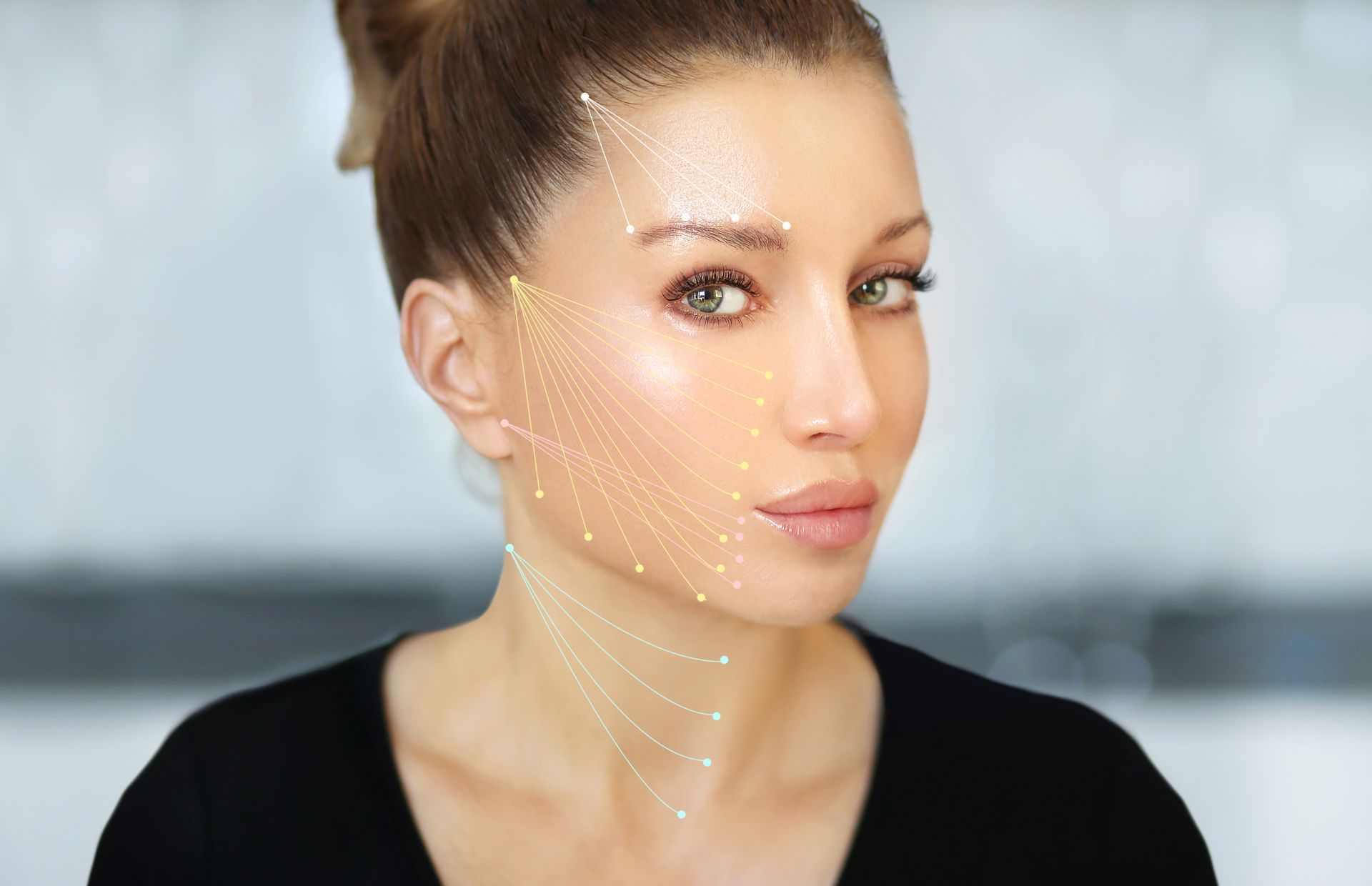 A close up of a woman 's face with lines on it.