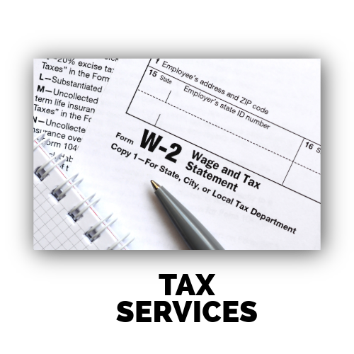 A calendar , stamp , magnifying glass and a piece of paper with the words `` tax services '' written below it.