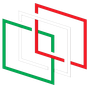 Quadrati intrecciati di colore rosso, verde e grigio chiaro su sfondo bianco.