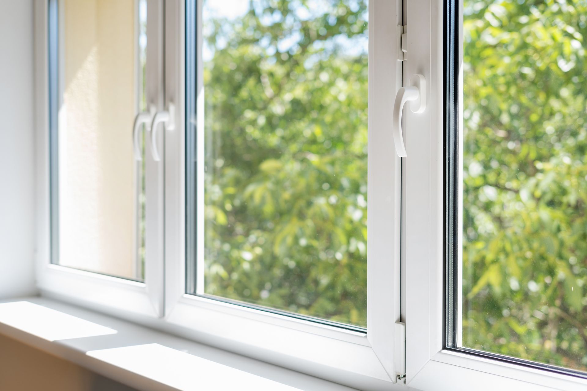 Closed pvc window in room at apartment.