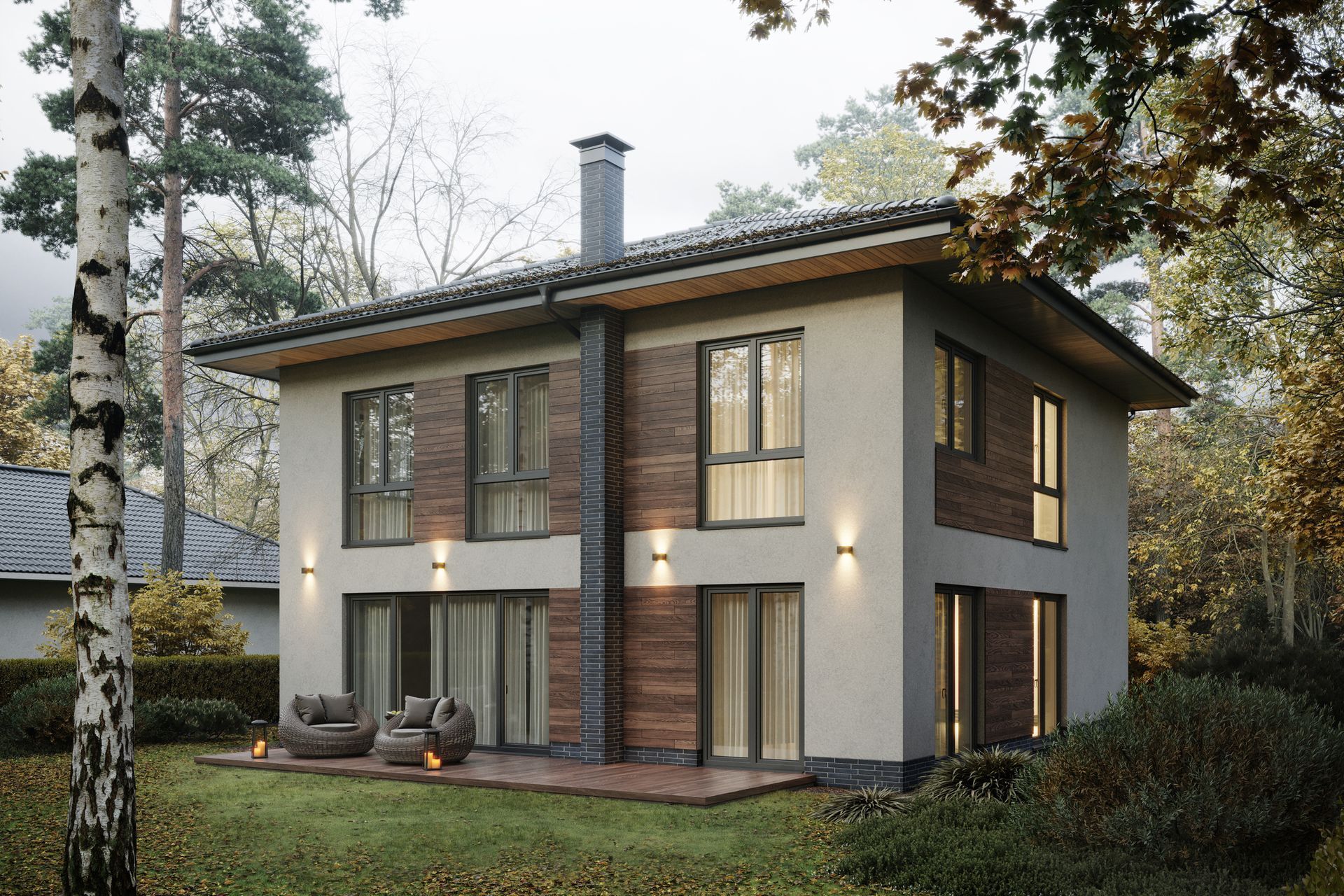 Two-story house with light-colored stucco, dark wood accents, and a brick chimney, surrounded by trees and a lawn. Two-story house with light-colored stucco, dark wood accents, and a brick chimney, surrounded by trees and a lawn.
