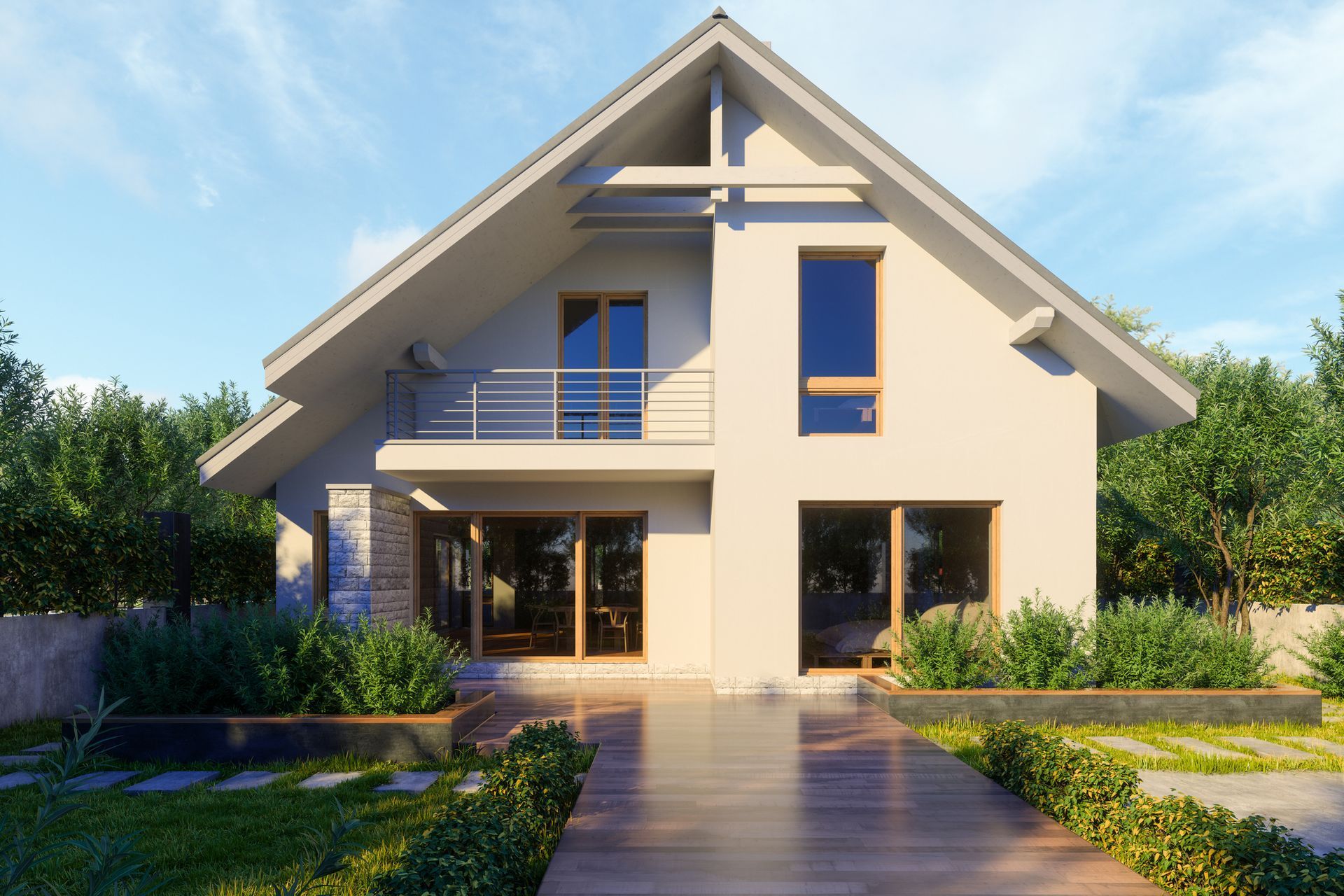 Beige two-story house with gabled roof, large windows, and wooden walkway leading to the front door. Beige two-story house with gabled roof, large windows, and wooden walkway leading to the front door.