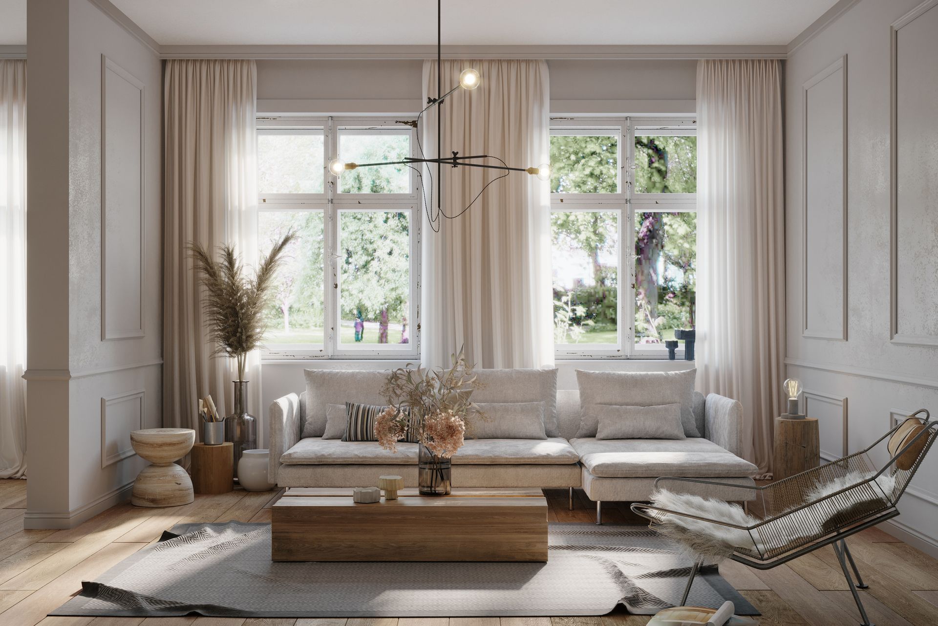 Living room with beige sofa, windows, and neutral décor.