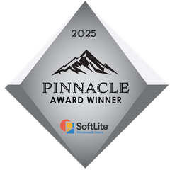 Pinnacle Award Winner badge for SoftLite Windows & Doors, silver with mountain graphic, and the year 2025.