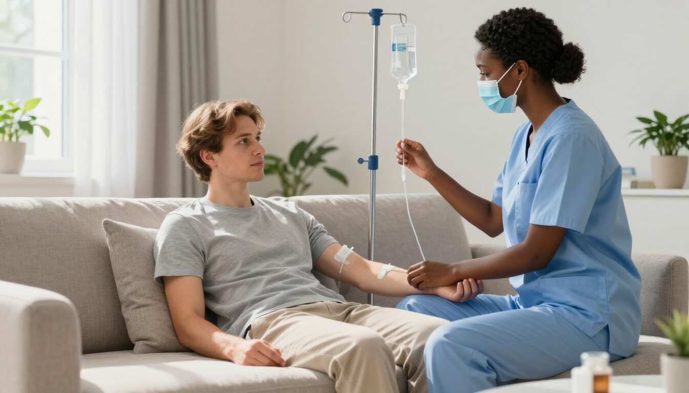 Person receiving IV therapy at home on a sofa