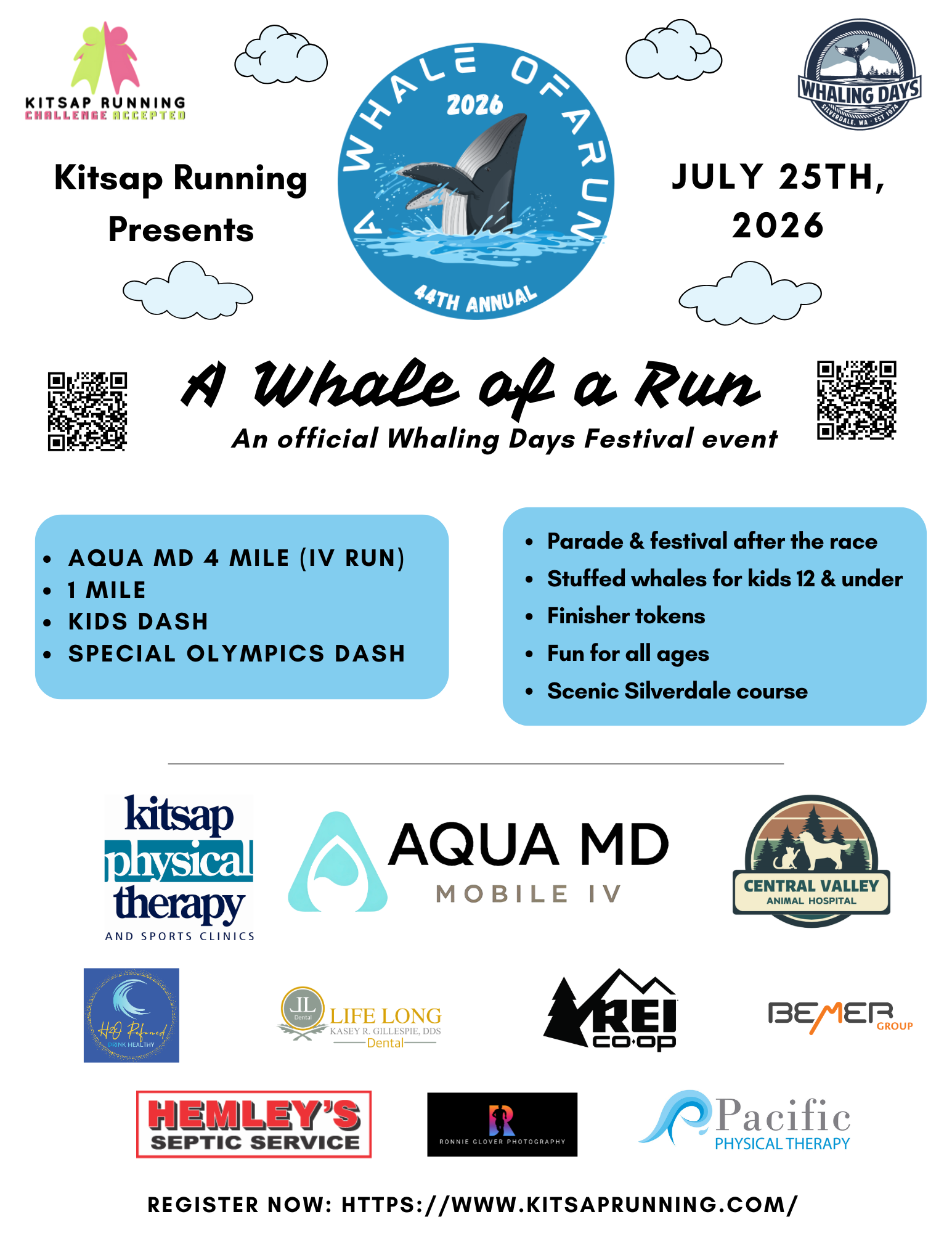 Kitsap Runner Whale of a Run 2026 poster featuring AQUA MD Mobile IV sponsorship in Silverdale, WA