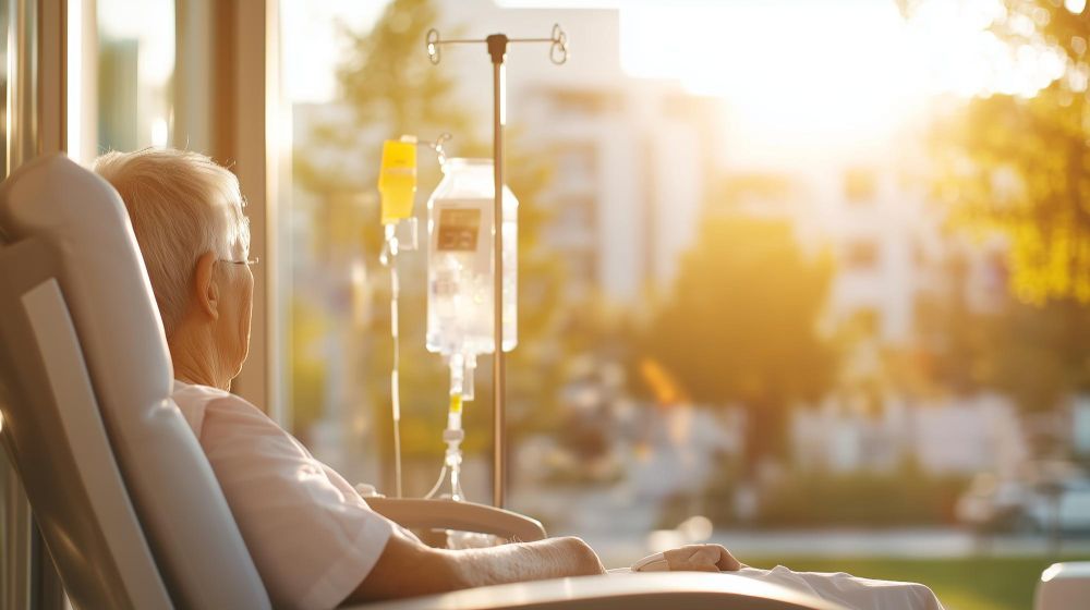 An elderly man is sitting in a hospital chair with an iv in his arm.