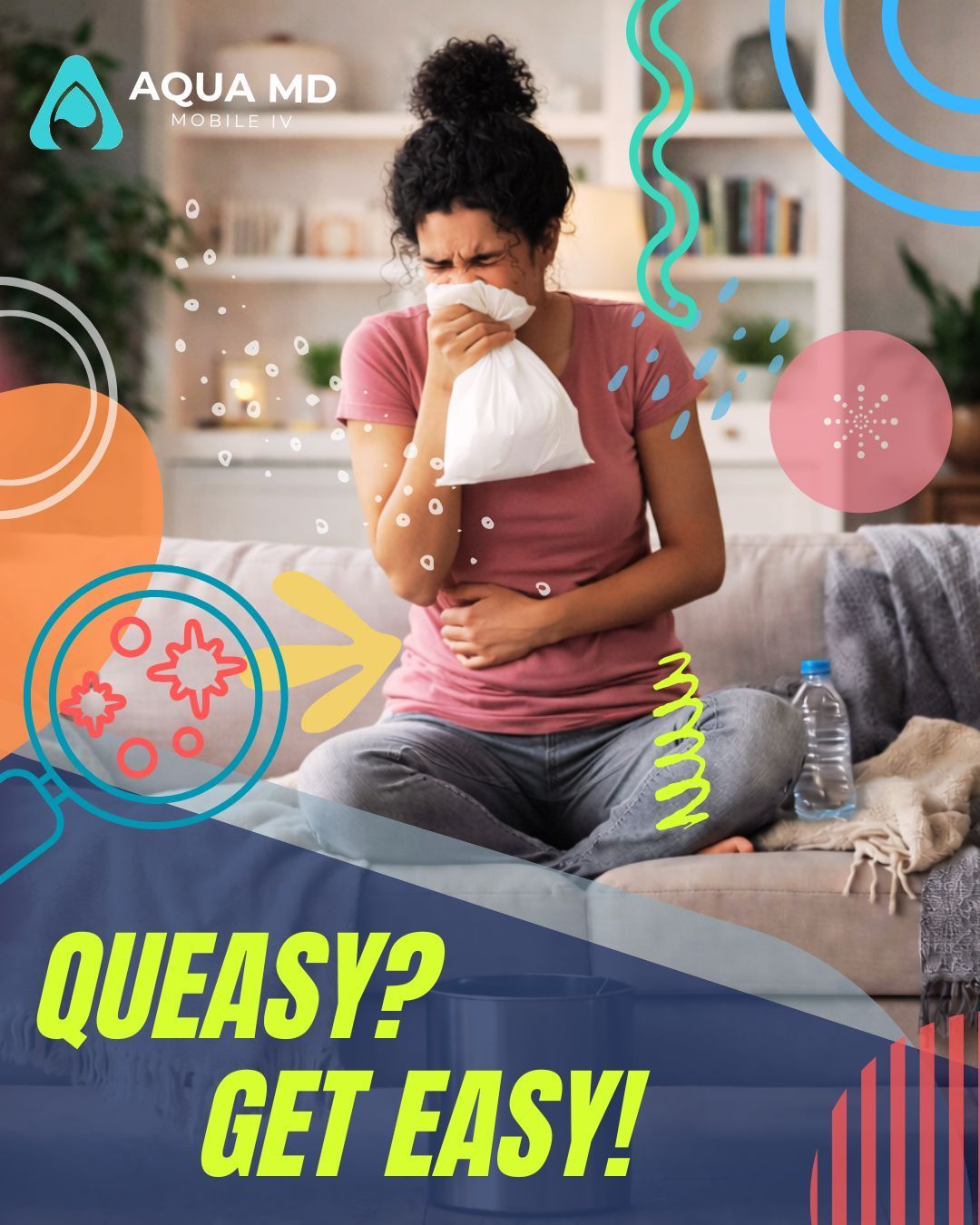 nauseous woman at home waiting for mobile IV Therapy for recovery