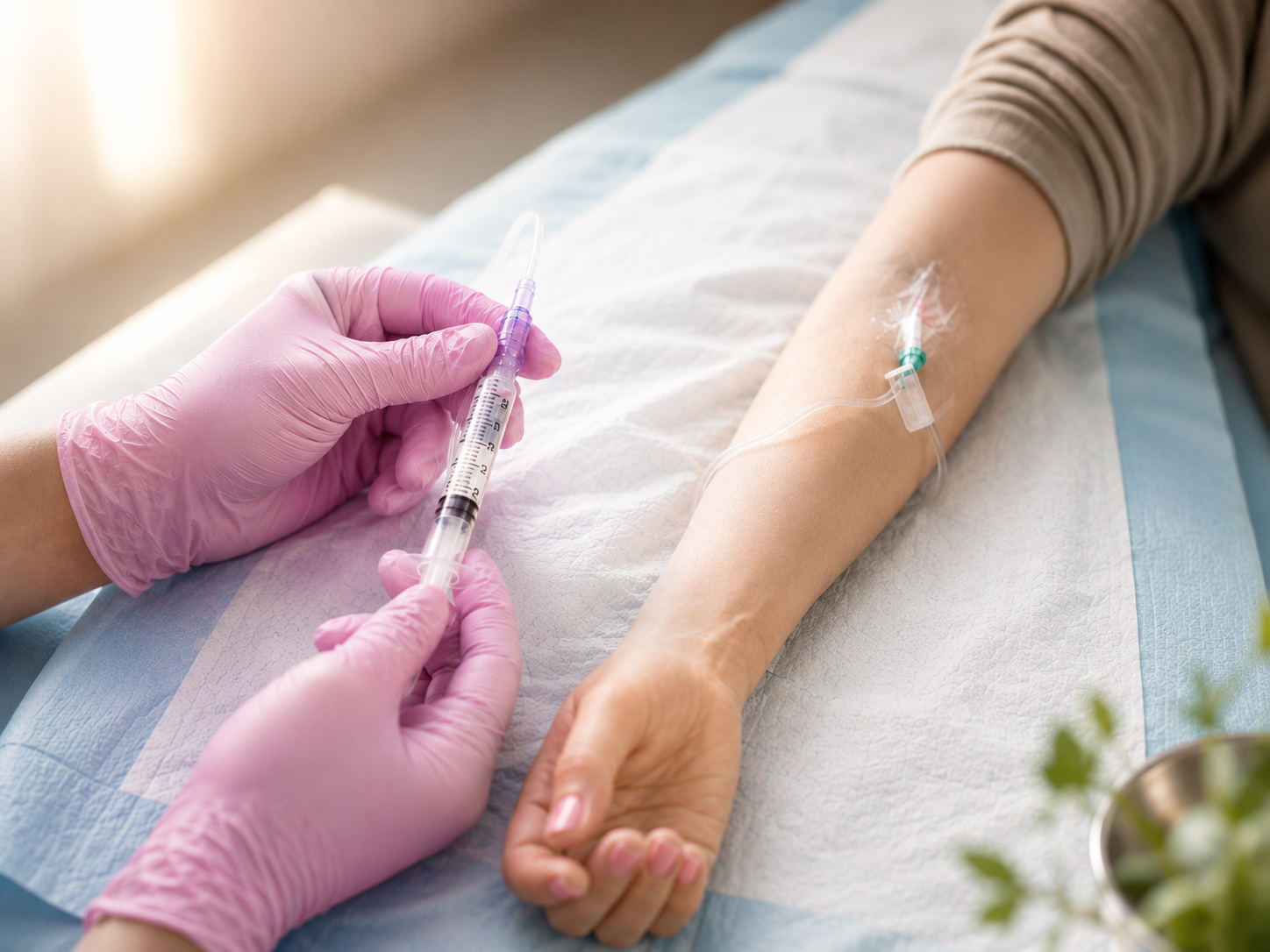 Patient receiving physician-directed IV hydration therapy to support surgical recovery.