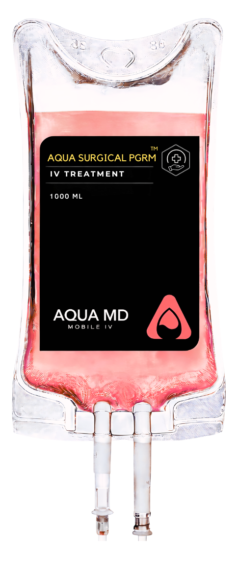 Branded AQUA MD Surgical Hydration & Recovery Program IV bag containing hydration solution designed to support perioperative recovery and wellness.