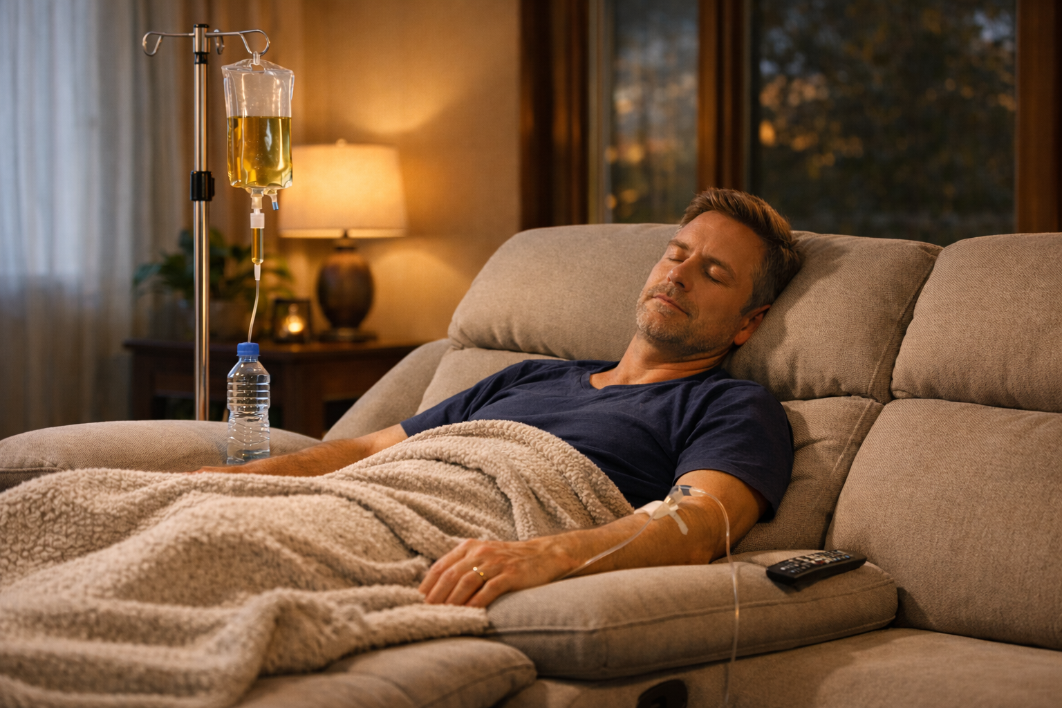 A group of men are sitting in a living room.
