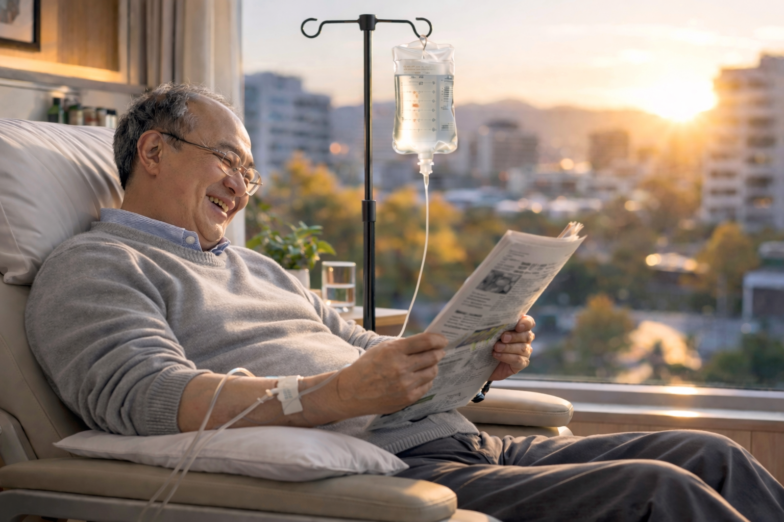 An elderly man is sitting in a hospital chair with an iv in his arm.