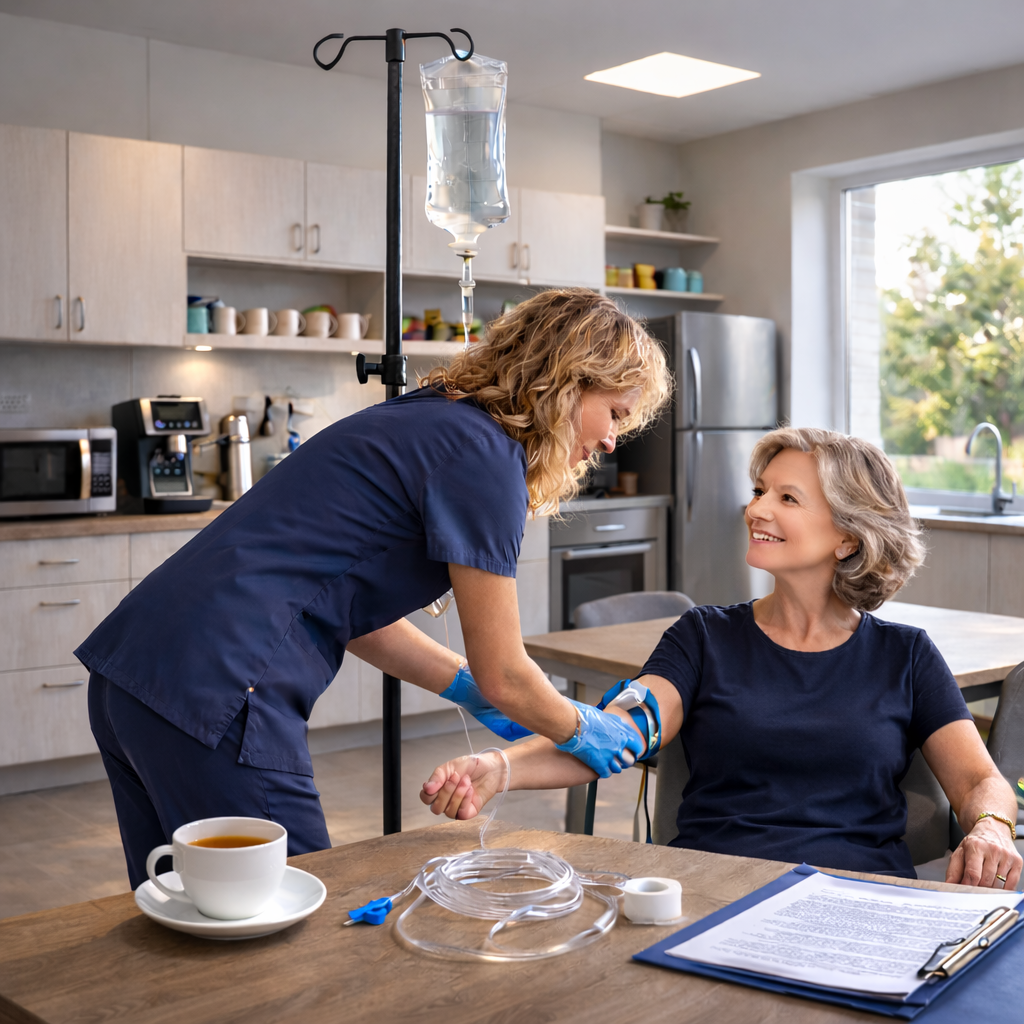 A woman is sitting in a chair getting an injection from a nurse.