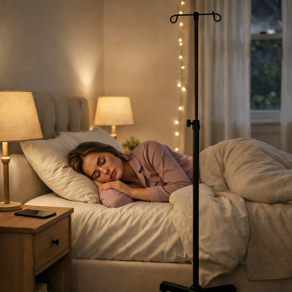 Woman relaxing at home after receiving AQUA MD mobile IV therapy for stress relief and recovery.