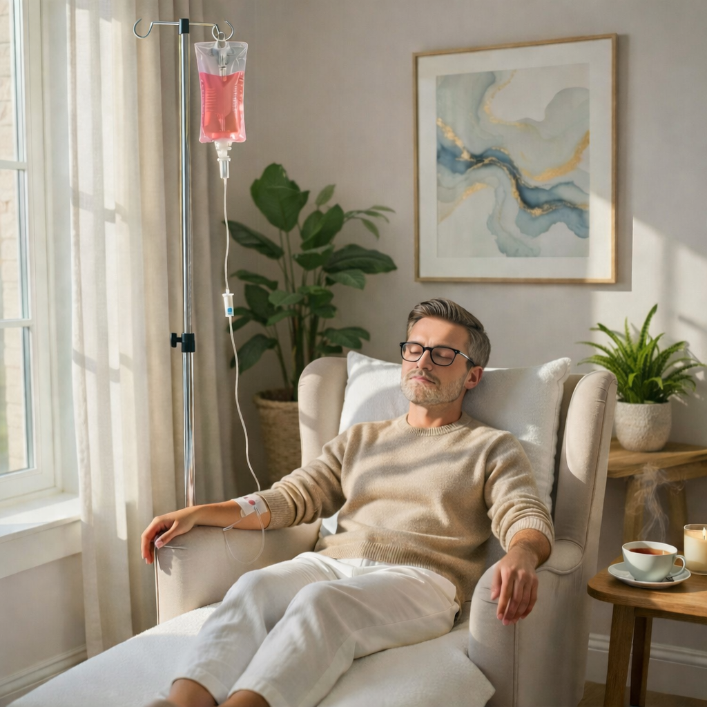 A man and a woman are sitting in chairs in a living room.