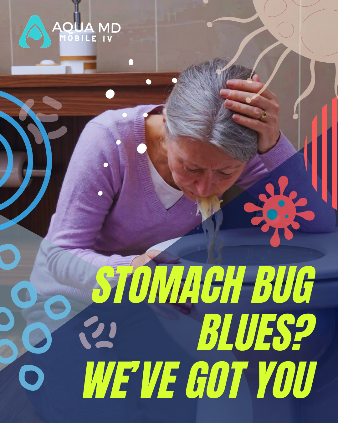 Woman experiencing vomiting and nausea from stomach illness at home in bathroom