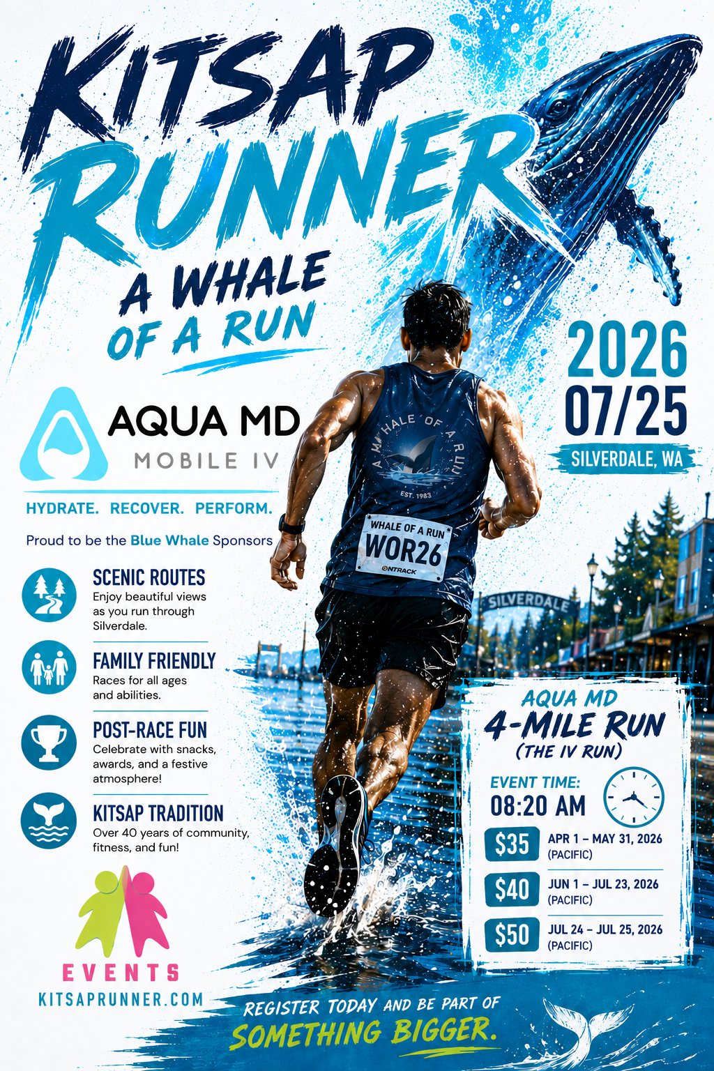 Kitsap Runner Whale of a Run 2026 poster featuring AQUA MD Mobile IV Therapy sponsorship in Silverda