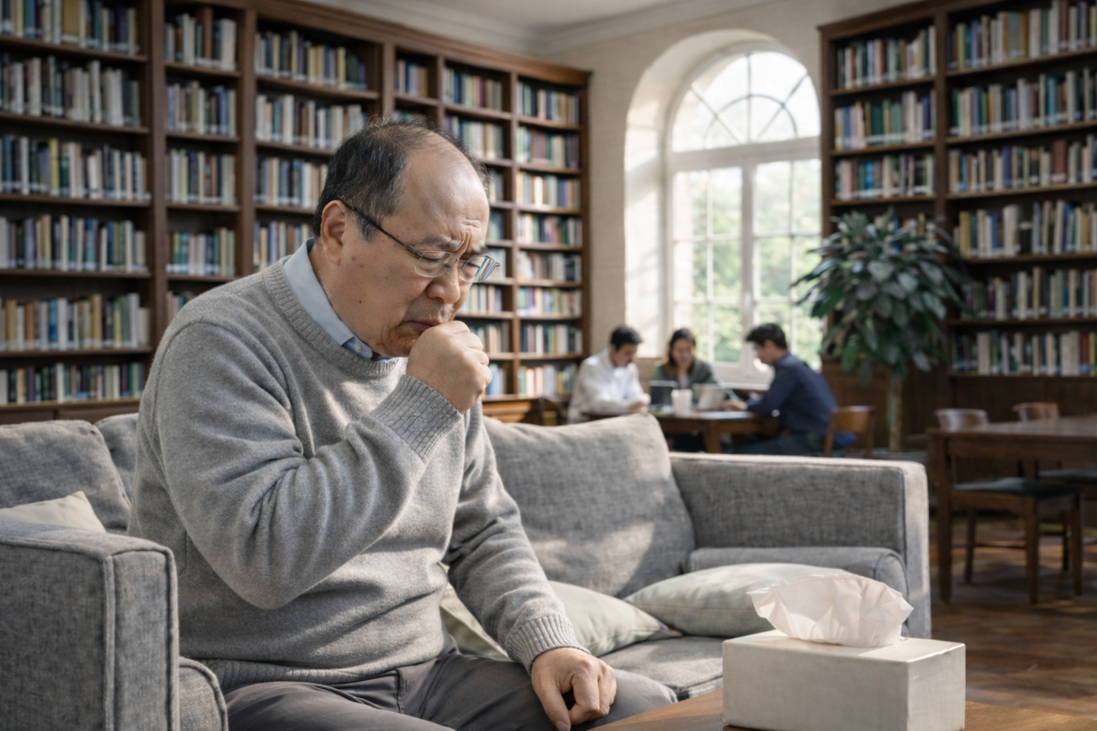 Man with cold or flu symptoms coughing indoors representing seasonal illness and immune stress