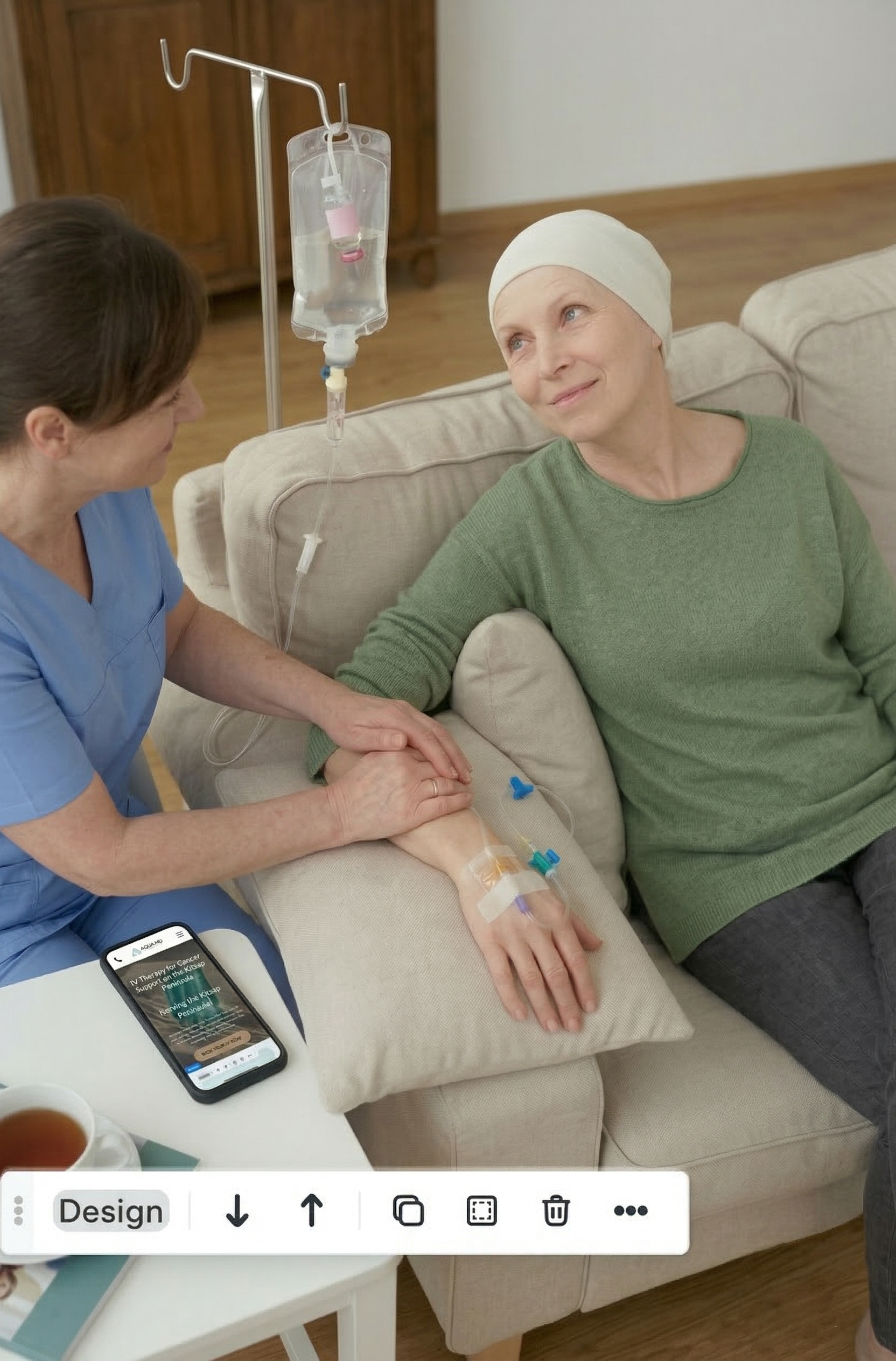 AQUA MD Mobile IV Nurse administering IV therapy to a relaxed cancer patient resting on a couch at home