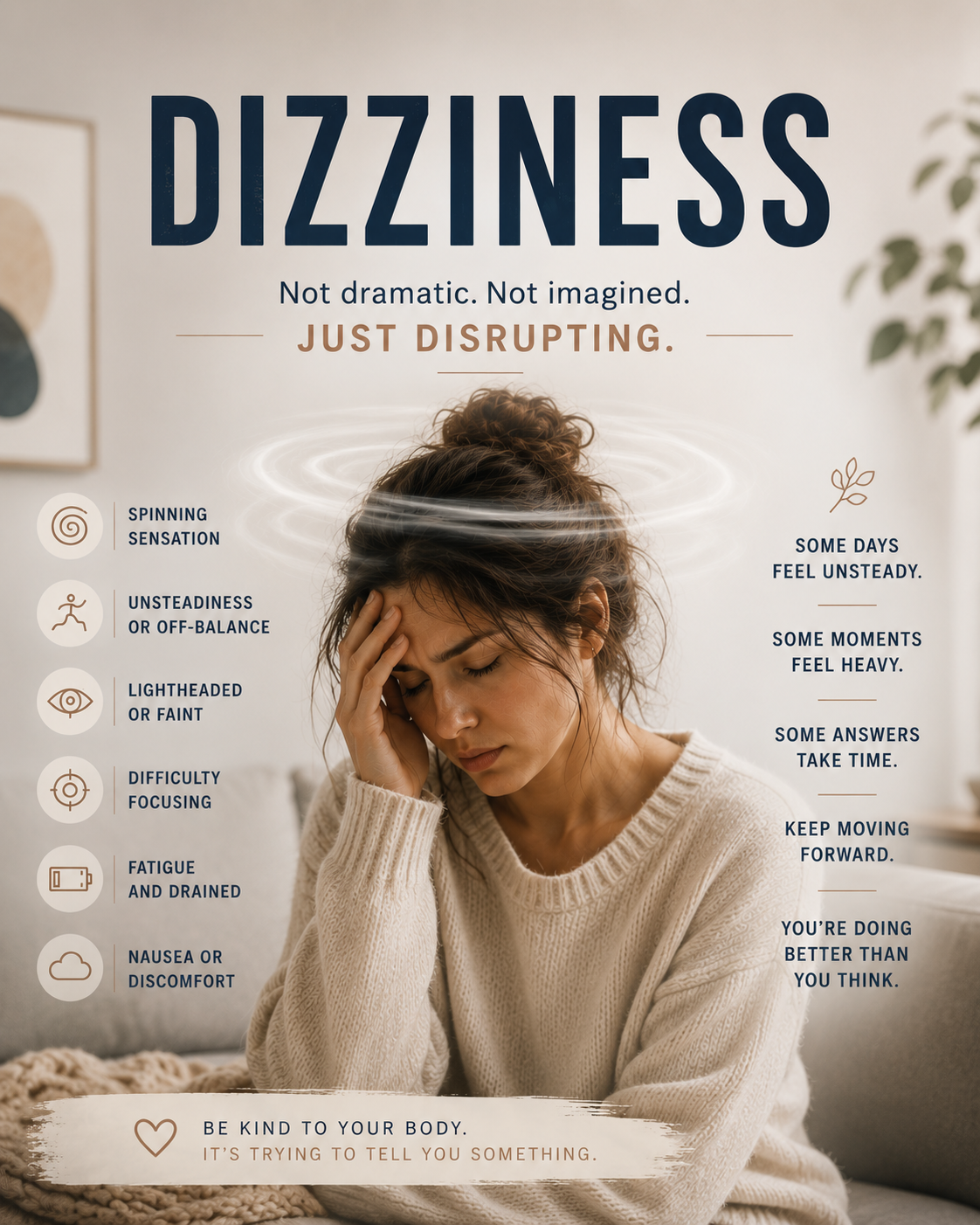Woman experiencing dizziness with symptoms including lightheadedness, fatigue, nausea and imbalance