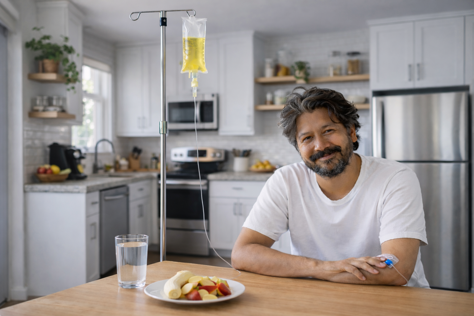 Man recovering from hangover symptoms with in-home IV therapy in Silverdale WA by AQUA MD