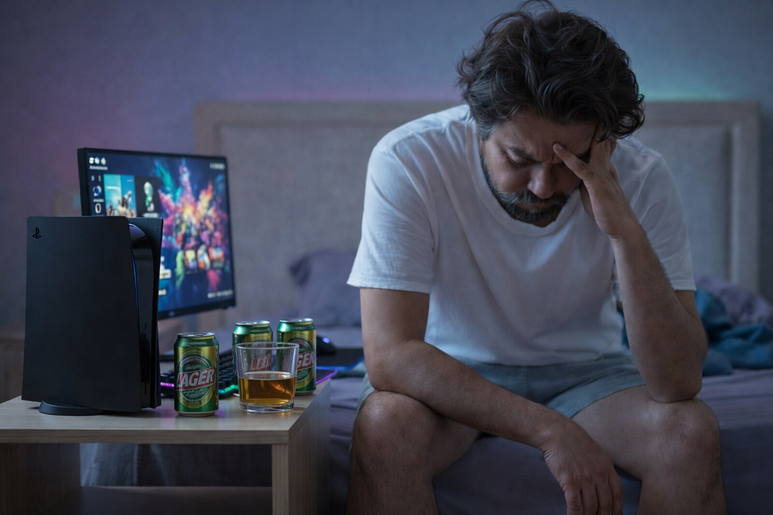 Man experiencing acute hangover symptoms after partying and alcohol use, showing fatigue and discomfort
