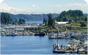 Boats are docked in a harbor with mountains in the background