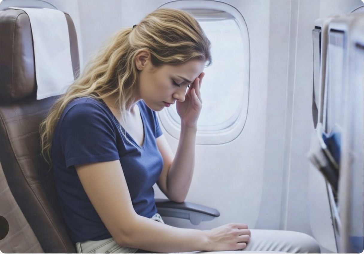Woman experiencing jet lag and travel fatigue while seated on an airplane during a long flight.
