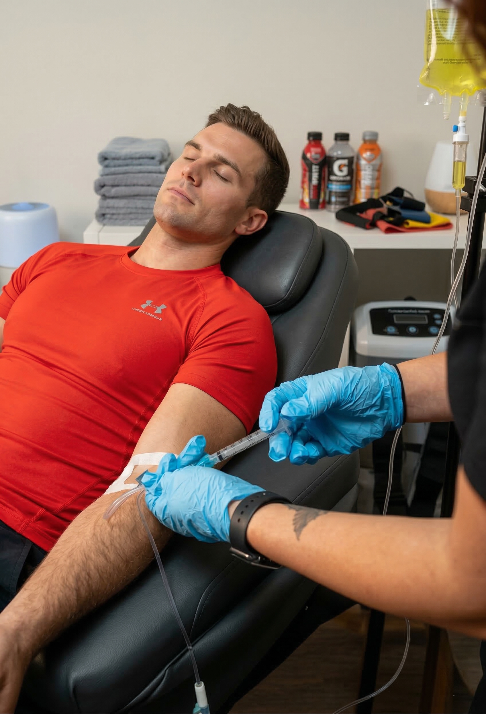 Athlete receiving AQUA MD mobile IV therapy for post-workout recovery and performance hydration at home.