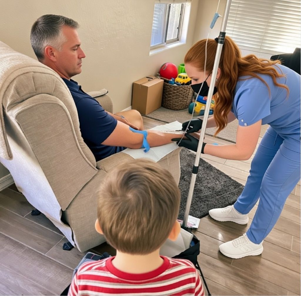 man getting IV therapy at home from AQUA MD nurse in Poulsbo, WA