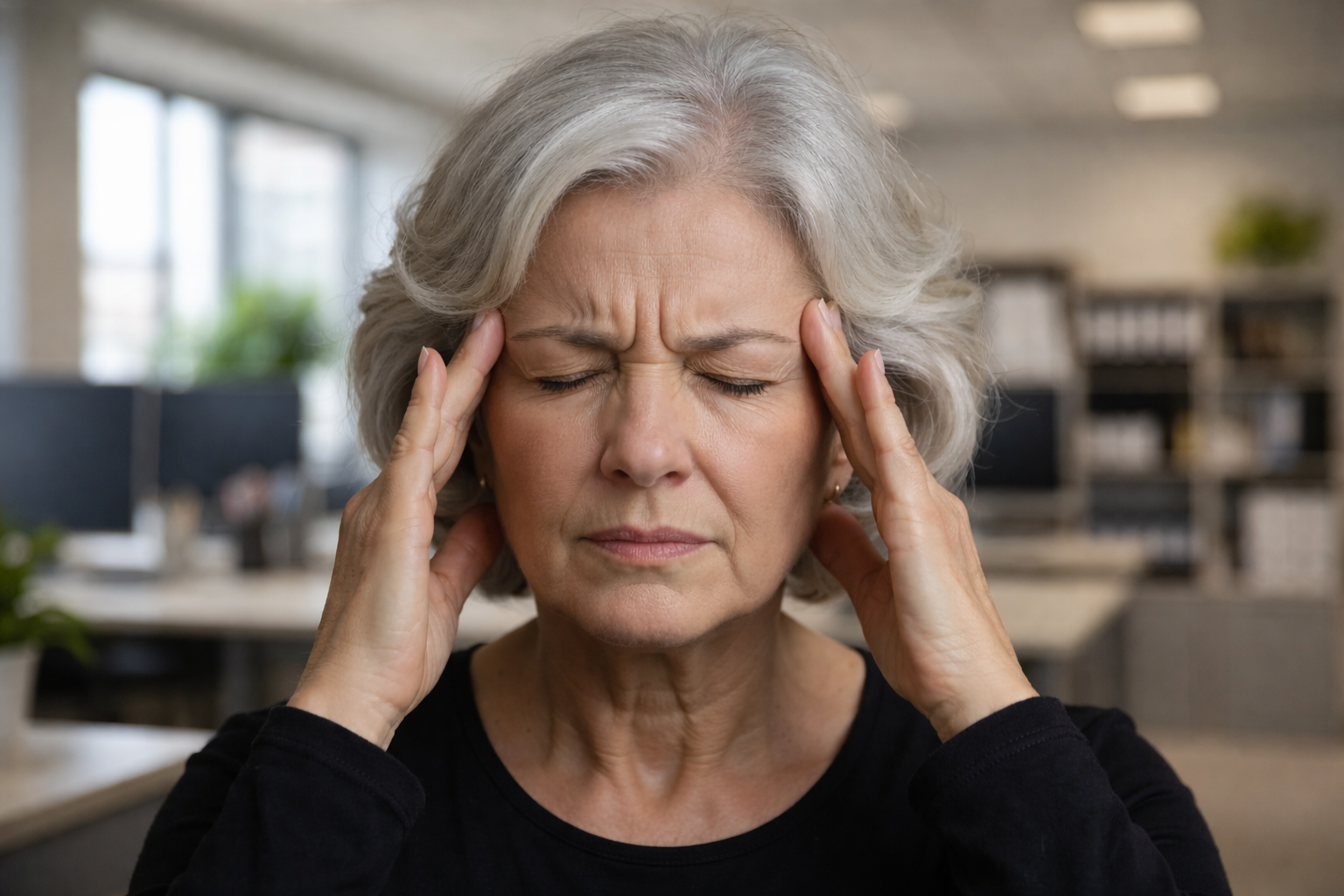 Woman experiencing migraine headache symptoms with hands on temples