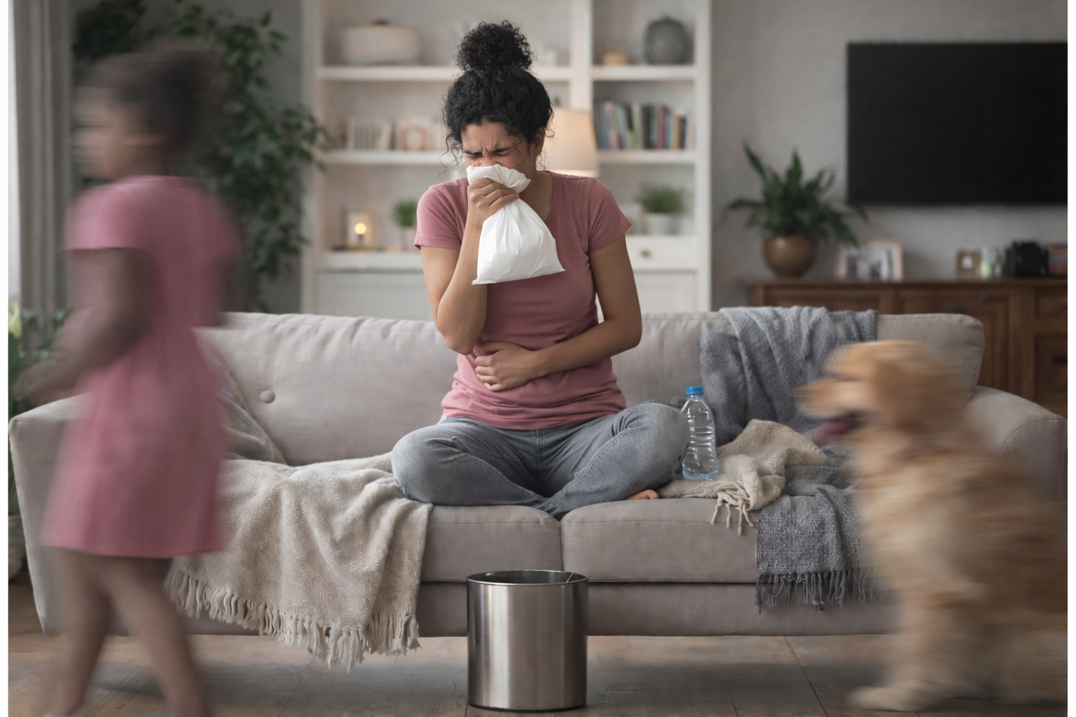 Woman experiencing nausea and holding a bag while sitting on couch at home