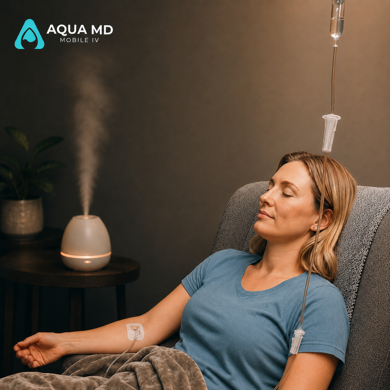 Patient receiving AQUA MD Mobile IV therapy calmly at home for relaxation and stress relief