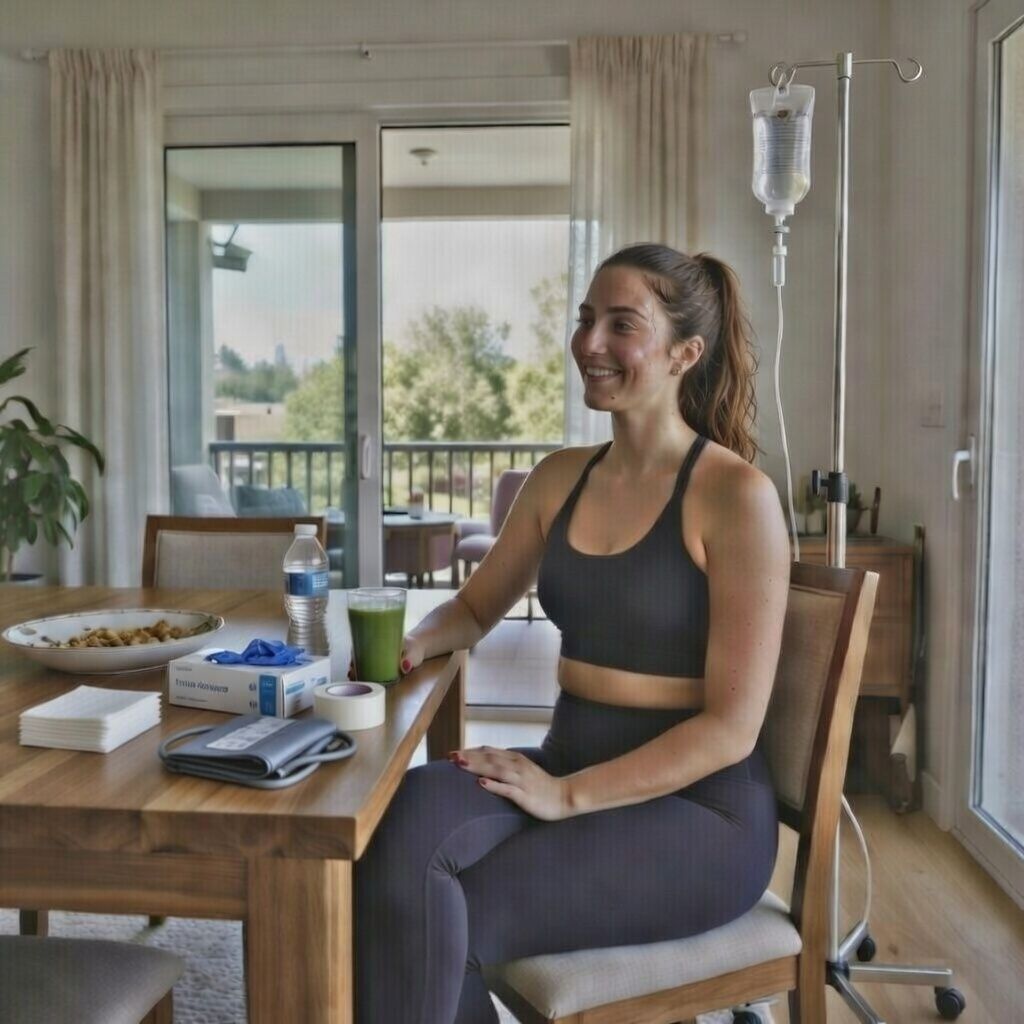 Patient receiving in-home mobile IV hydration therapy from AQUA MD for dehydration in Kitsap County WA
